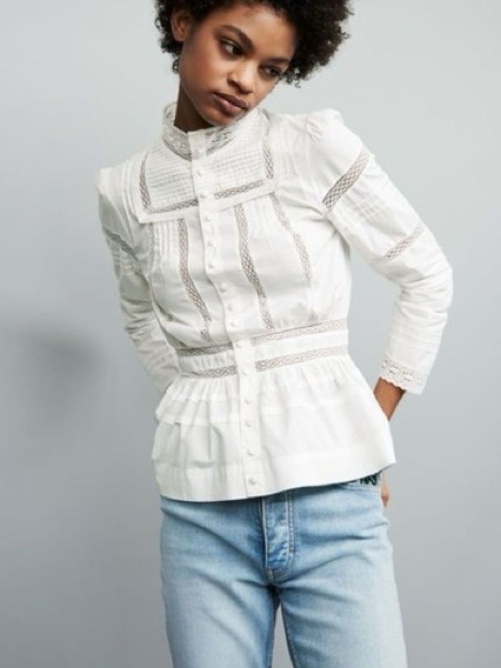 Maje Cinola Cotton Lace-Trim Pleated Peplum Covered Buttons White Size 3 / Med